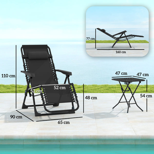 Lot de 2 chaise longue gravité zéro - ensemble transat 3 pièces avec table d'appoint et porte-gobelets - bain de soleil pliable, dossier réglable et appui-tête pour terrasse, piscine, noir