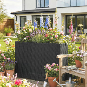 Jardinière surélevée en résine tressée, support de fleurs avec bac amovible et pieds réglables, cadre en acier, pour fleurs et légumes dans patio, balcon, terrasse, noir
