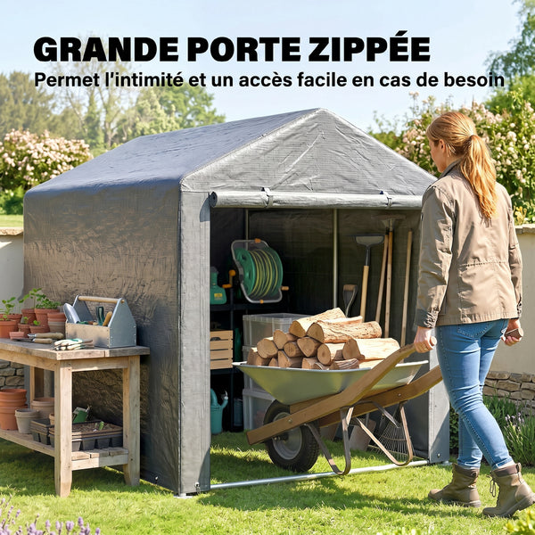 Abri de Jardin Tente de Stockage Imperméable Abri Moto Porte Enroulable Fermeture Éclair, Garage pour Vélo et Outils Rangement, 160x218x172cm Gris Clair