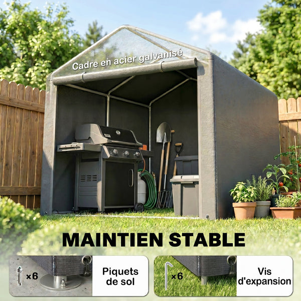 Abri de Jardin Tente de Stockage Imperméable Abri Moto Porte Enroulable Fermeture Éclair, Garage pour Vélo et Outils Rangement, 160x218x172cm Gris Clair