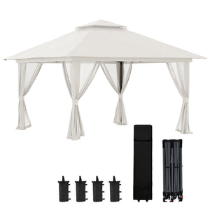 Tonnelle de jardin extérieur barnum de jardin pop-up tente pliant 4 x 4 m double toit protection UV 50+ 4 moustiquaires, 4 sacs de sable, 1 sac de transport tissu Oxford métal blanc