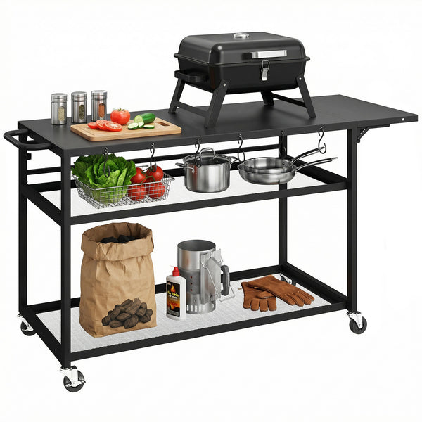 Desserte jardin chariot de barbecue sur roulettes îlot de cuisine avec Plateau Latéral Pliable, Trois Étagères, Crochets et Poinége, 133 x 48,5 x 82 cm, Noir