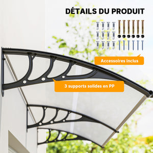 Auvent de porte d'entrée, toit marquise de porte exterieur en polycarbonate et profil aluminium résistante toit abri protection contre la pluie et UV pour terrasse, balcon, 195x75cm, transp.