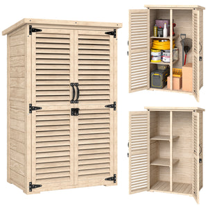 Armoire de Jardin Remise pour Outils en Bois 2 Étagères Toit Bitumé Portes Persiennes Verrouillable 75 x 50 x 118cm Naturel