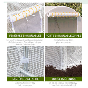 Serre tunnel de jardin 8m², serre de jardin tunnel 400x200x200cm avec porte et 6 fenêtres, pour extérieur, toutes saisons, légumes, fruits, fleurs, bâche PE haute densité 140 g/m² blanc