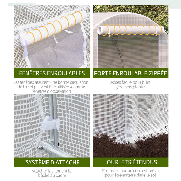 Serre tunnel de jardin 8m², serre de jardin tunnel 400x200x200cm avec porte et 6 fenêtres, pour extérieur, toutes saisons, légumes, fruits, fleurs, bâche PE haute densité 140 g/m² blanc