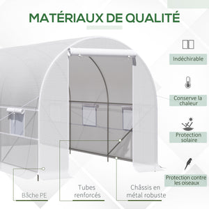 Serre tunnel de jardin 8m², serre de jardin tunnel 400x200x200cm avec porte et 6 fenêtres, pour extérieur, toutes saisons, légumes, fruits, fleurs, bâche PE haute densité 140 g/m² blanc