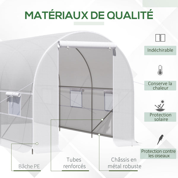 Serre tunnel de jardin 8m², serre de jardin tunnel 400x200x200cm avec porte et 6 fenêtres, pour extérieur, toutes saisons, légumes, fruits, fleurs, bâche PE haute densité 140 g/m² blanc