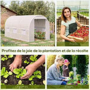 Serre tunnel de jardin 8m², serre de jardin tunnel 400x200x200cm avec porte et 6 fenêtres, pour extérieur, toutes saisons, légumes, fruits, fleurs, bâche PE haute densité 140 g/m² blanc
