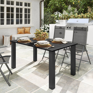 Table de jardin rectangulaire pour 4 à 6 personnes, table à manger extérieure avec trou pour parasol plateau en métal à lattes, structure en acier, pour balcon, 150 x 90 x 73 cm, noir