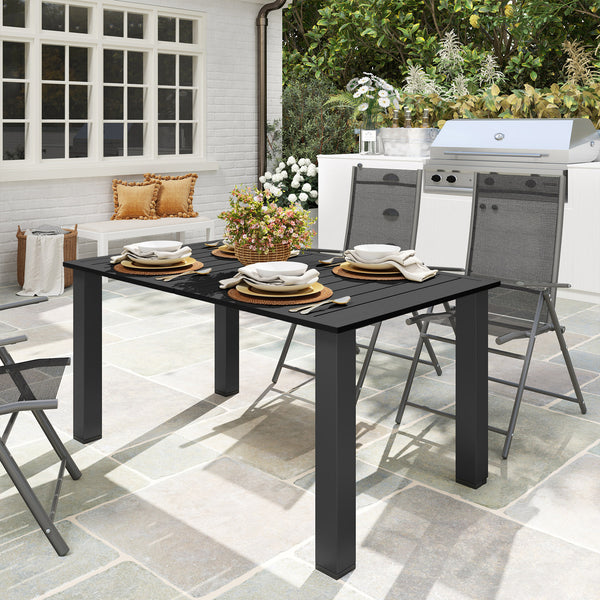 Table de jardin rectangulaire pour 4 à 6 personnes, table à manger extérieure avec trou pour parasol plateau en métal à lattes, structure en acier, pour balcon, 150 x 90 x 73 cm, noir