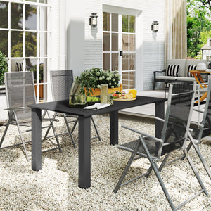 Table de jardin rectangulaire pour 4 à 6 personnes, table à manger extérieure avec trou pour parasol plateau en métal à lattes, structure en acier, pour balcon, 150 x 90 x 73 cm, noir