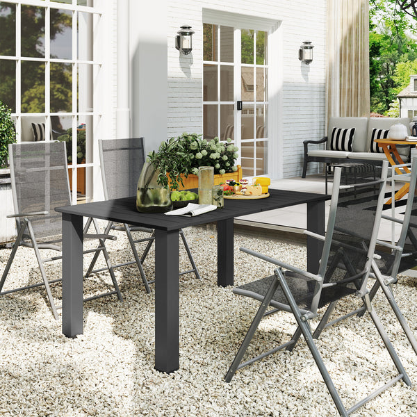 Table de jardin rectangulaire pour 4 à 6 personnes, table à manger extérieure avec trou pour parasol plateau en métal à lattes, structure en acier, pour balcon, 150 x 90 x 73 cm, noir