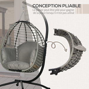 Fauteuil œuf Suspendu balancelle Pliante avec Coussin et Support Usage intérieur extérieur métal corde en polypropylène dim. 110L x 100l x 188H cm gris