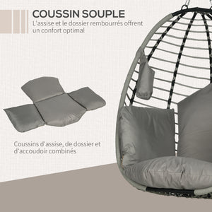 Fauteuil œuf Suspendu balancelle Pliante avec Coussin et Support Usage intérieur extérieur métal corde en polypropylène dim. 110L x 100l x 188H cm gris