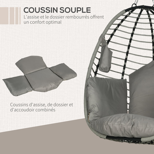 Fauteuil œuf Suspendu balancelle Pliante avec Coussin et Support Usage intérieur extérieur métal corde en polypropylène dim. 110L x 100l x 188H cm gris
