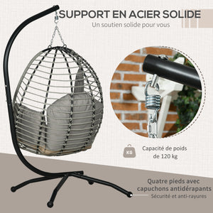 Fauteuil œuf Suspendu balancelle Pliante avec Coussin et Support Usage intérieur extérieur métal corde en polypropylène dim. 110L x 100l x 188H cm gris