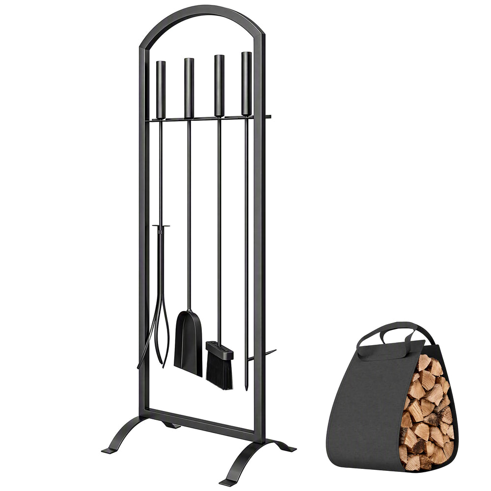 Serviteur de Cheminée 6 Pièces - Ensemble Outils de Cheminée avec Sac à Bûches, Brosse, Pelle, Tisonnier, Pince et Support - pour Intérieur, Extérieur, Maison, Jardin, Noir