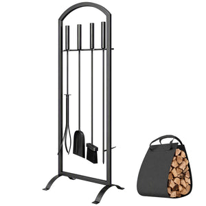 Serviteur de Cheminée 6 Pièces - Ensemble Outils de Cheminée avec Sac à Bûches, Brosse, Pelle, Tisonnier, Pince et Support - pour Intérieur, Extérieur, Maison, Jardin, Noir
