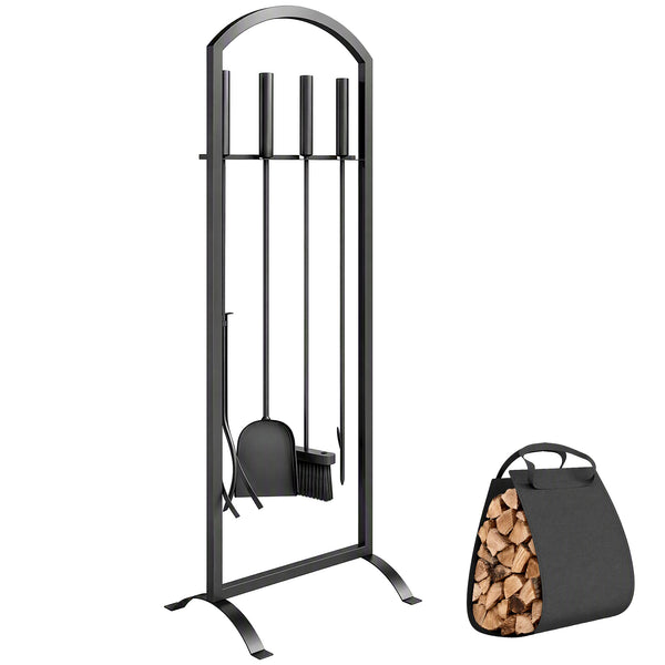 Serviteur de Cheminée 6 Pièces - Ensemble Outils de Cheminée avec Sac à Bûches, Brosse, Pelle, Tisonnier, Pince et Support - pour Intérieur, Extérieur, Maison, Jardin, Noir