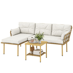Salon de jardin exterieur 4 personnes 3 pièces avec 1 table basse coussins grand confort inclus résine tressée crème