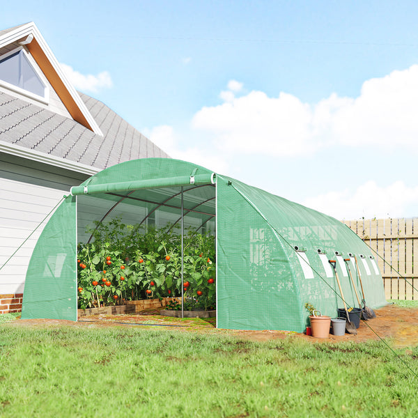 Serre Tunnel 395 x 595 x 199 cm avec 2 Barres de Support, 2 Portes Roulantes et 12 Fenêtres en Maille, Serre de Jardin avec Couverture en PE, Vert