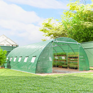 Serre Tunnel 395 x 595 x 199 cm avec 2 Barres de Support, 2 Portes Roulantes et 12 Fenêtres en Maille, Serre de Jardin avec Couverture en PE, Vert