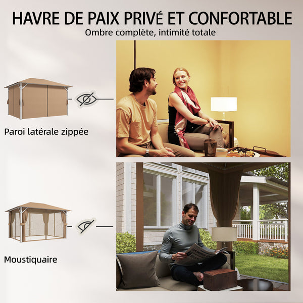 Tonnelle de Jardin 3x4m avec Structure Stable en Métal 60mm - Pavillon Protection UV50+ et 10 Trous de Drainage - Barnum de Réception avec Rideaux et Moustiquaire pour Terrasse, Khaki