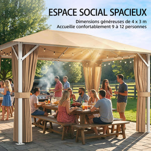 Tonnelle de Jardin 3x4m avec Structure Stable en Métal 60mm - Pavillon Protection UV50+ et 10 Trous de Drainage - Barnum de Réception avec Rideaux et Moustiquaire pour Terrasse, Khaki