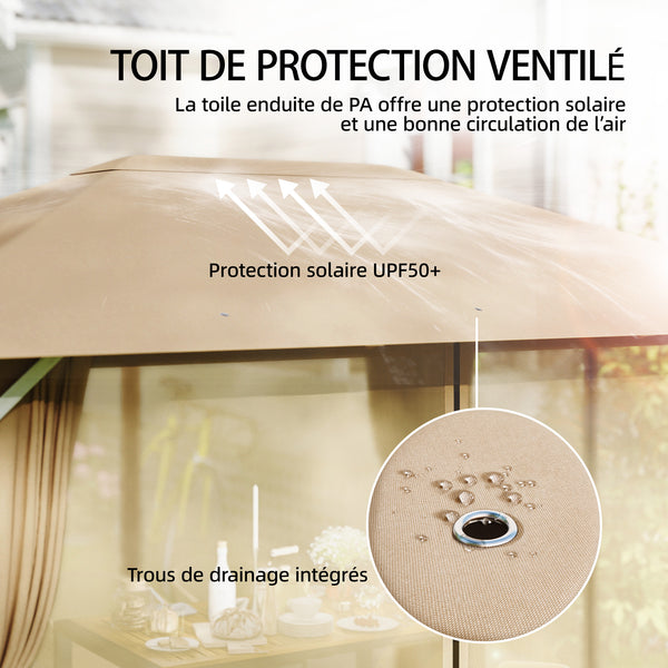 Tonnelle de Jardin 3x4m avec Structure Stable en Métal 60mm - Pavillon Protection UV50+ et 10 Trous de Drainage - Barnum de Réception avec Rideaux et Moustiquaire pour Terrasse, Khaki