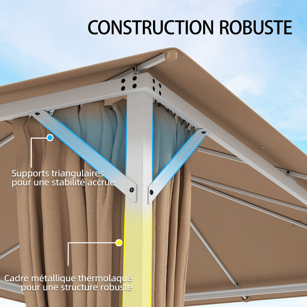 Tonnelle de Jardin 3x4m avec Structure Stable en Métal 60mm - Pavillon Protection UV50+ et 10 Trous de Drainage - Barnum de Réception avec Rideaux et Moustiquaire pour Terrasse, Khaki