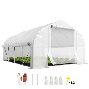 Serre tunnel de jardin 12m², serre de jardin tunnel 395x300x200cm porte et 8 fenêtres avec moustiquaires, pour extérieur, toutes saisons, légumes, fruits, bâche PE haute densité 140g/m² blanc