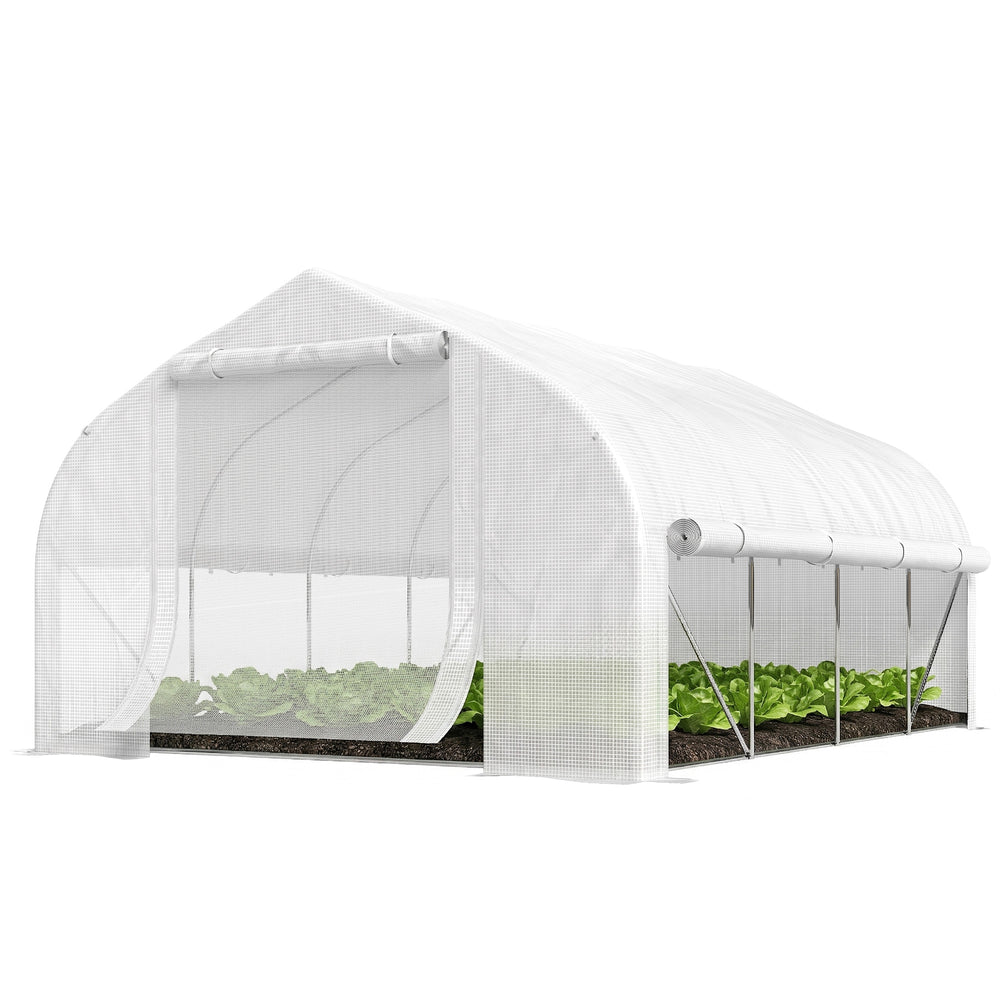 Serre tunnel de jardin 12m², serre de jardin tunnel 395x300x200cm porte et 8 fenêtres avec moustiquaires, pour extérieur, toutes saisons, légumes, fruits, bâche PE haute densité 140g/m² blanc
