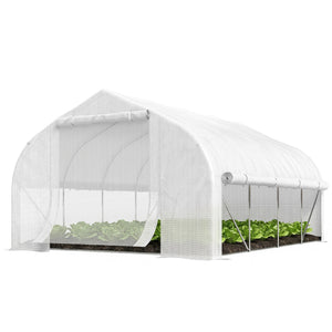 Serre tunnel de jardin 12m², serre de jardin tunnel 395x300x200cm porte et 8 fenêtres avec moustiquaires, pour extérieur, toutes saisons, légumes, fruits, bâche PE haute densité 140g/m² blanc