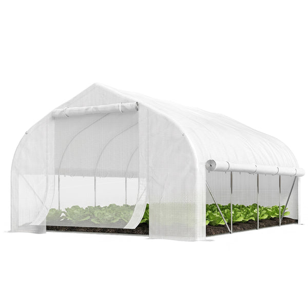 Serre tunnel de jardin 12m², serre de jardin tunnel 395x300x200cm porte et 8 fenêtres avec moustiquaires, pour extérieur, toutes saisons, légumes, fruits, bâche PE haute densité 140g/m² blanc