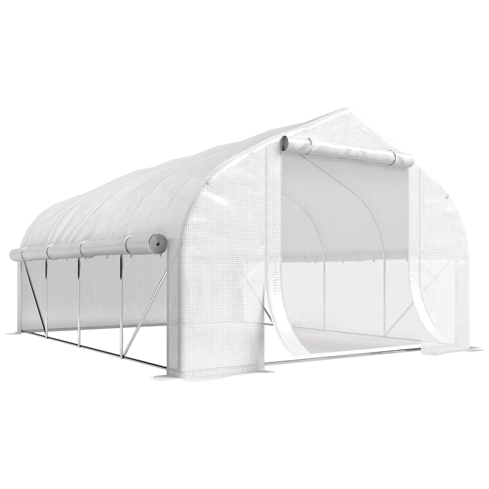 Serre tunnel de jardin 12m², serre de jardin tunnel 395x300x200cm porte et 8 fenêtres avec moustiquaires, pour extérieur, toutes saisons, légumes, fruits, bâche PE haute densité 140g/m² blanc