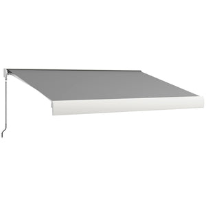 Store banne motorisé, store banne électrique, 4 x 3 m, angle réglable 14°-30°, avec télécommande et manivelle manuelle, en aluminium et polyester de 270g/m² protection solaire, gris clair