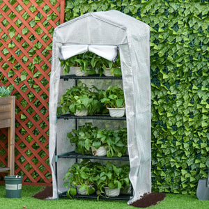 Serre de Jardin PE avec Étagères 4 Niveaux, Serre de Balcon, Bâche Renforcée 140g/m², Châssis en Acier, Porte Zippée Enroulable, pour Légumes et Plantes, Extérieur, 70x50x160cm, Blanc et Gris