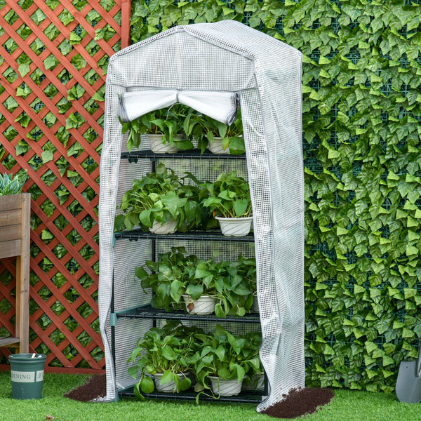 Serre de Jardin PE avec Étagères 4 Niveaux, Serre de Balcon, Bâche Renforcée 140g/m², Châssis en Acier, Porte Zippée Enroulable, pour Légumes et Plantes, Extérieur, 70x50x160cm, Blanc et Gris