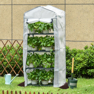 Serre de Jardin PE avec Étagères 4 Niveaux, Serre de Balcon, Bâche Renforcée 140g/m², Châssis en Acier, Porte Zippée Enroulable, pour Légumes et Plantes, Extérieur, 70x50x160cm, Blanc et Gris