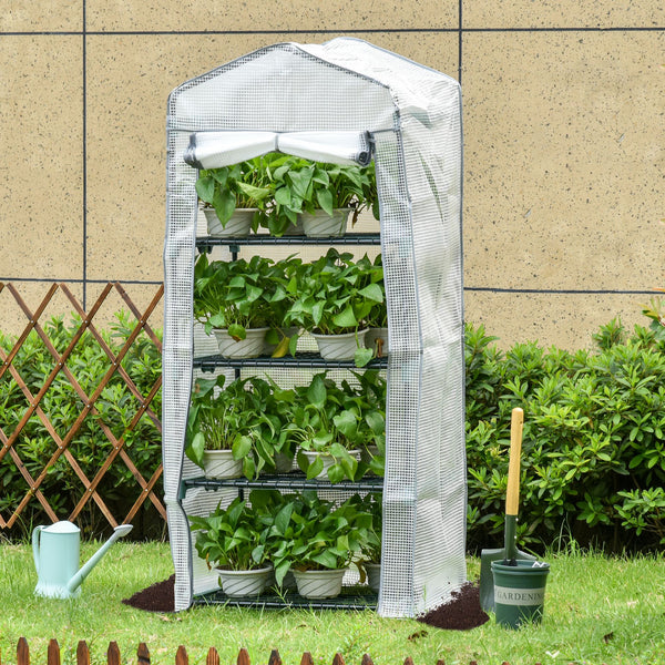 Serre de Jardin PE avec Étagères 4 Niveaux, Serre de Balcon, Bâche Renforcée 140g/m², Châssis en Acier, Porte Zippée Enroulable, pour Légumes et Plantes, Extérieur, 70x50x160cm, Blanc et Gris