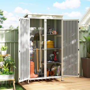 Armoire de Jardin en Bois et Acier Galvanisé, 3 Étagères Amovibles, Portes Doubles avec Fermeture Métallique, Toit en Asphalte Hydrofuge, Base Surélevée, Armoire à Outils pour Jardin, Noir