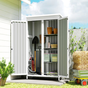 Armoire de Jardin en Bois et Acier Galvanisé, 3 Étagères Amovibles, Portes Doubles avec Fermeture Métallique, Toit en Asphalte Hydrofuge, Base Surélevée, Armoire à Outils pour Jardin, Noir