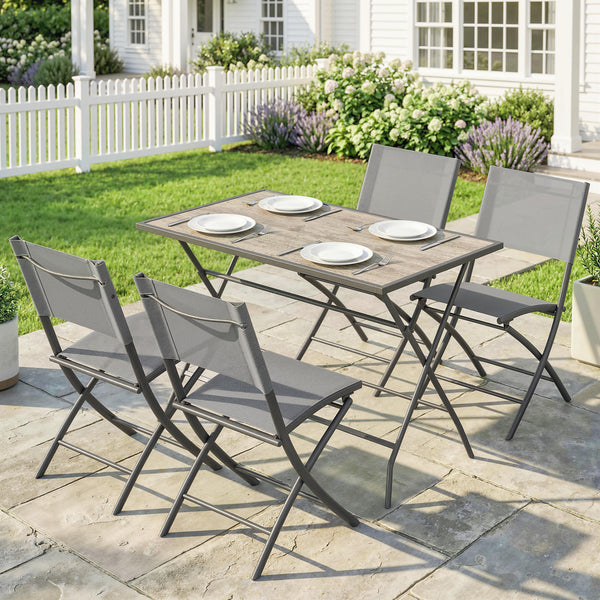 Ensemble de Salle à Manger de Jardin 5 Pièces, Table et Chaises Pliantes, Mobilier d'Extérieur avec Sièges en Textilène, Gris