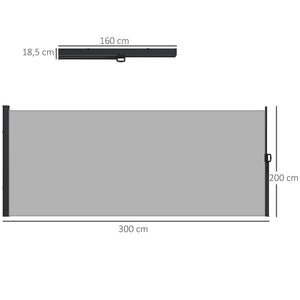 Store latéral Brise-Vue paravent rétractable de jardin dim. 3L x 2H m alu. Polyester Anti-UV Haute densité 180 g/m² Gris clair