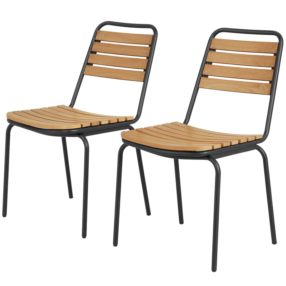Lot de 2 Chaises de Jardin Empilables, Assise et Dossier en Bois Massif à Lattes, Structure en Acier, Chaises d'Extérieur pour Terrasse Balcon Bistro, 61x47x81cm, Naturel