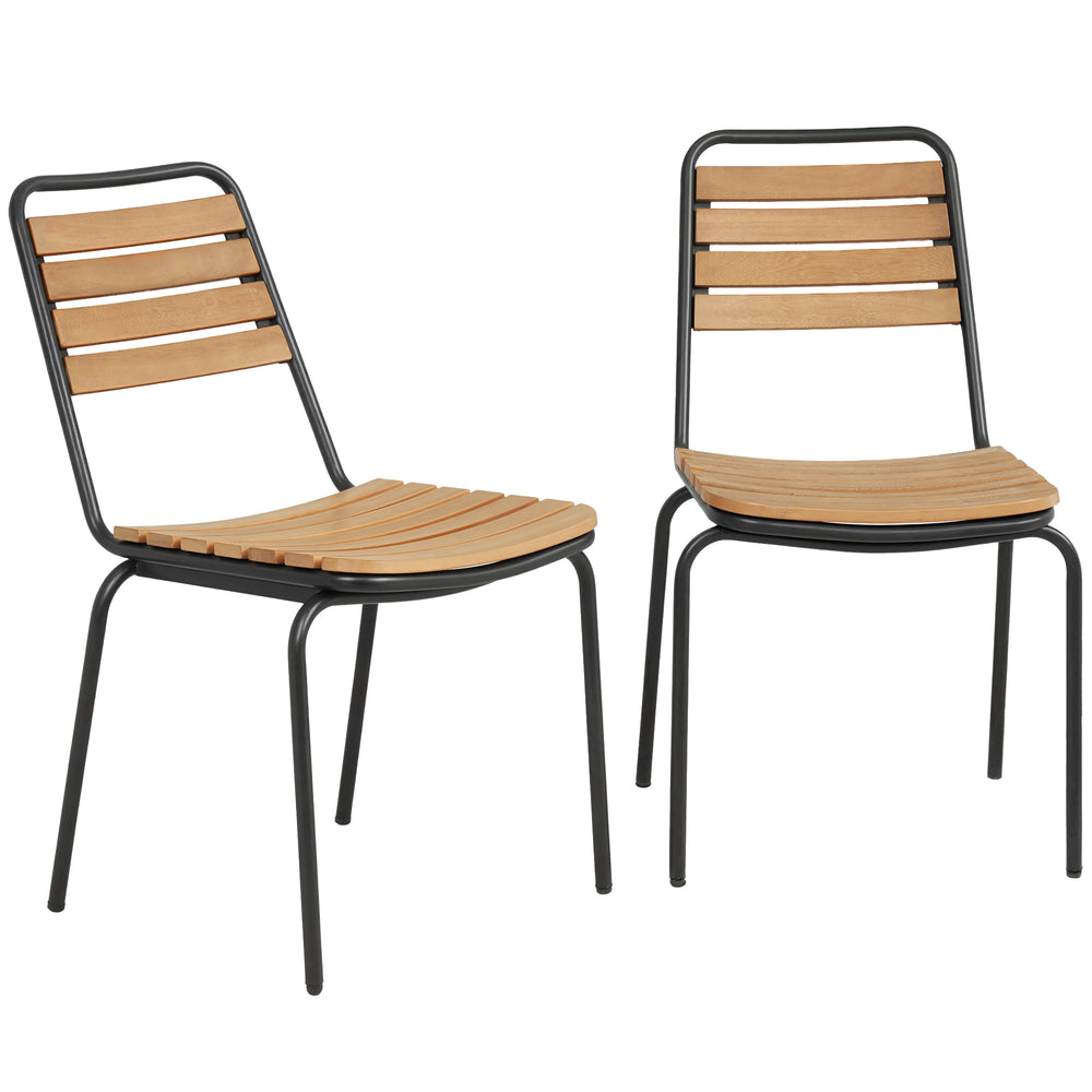 Lot de 2 Chaises de Jardin Empilables, Assise et Dossier en Bois Massif à Lattes, Structure en Acier, Chaises d'Extérieur pour Terrasse Balcon Bistro, 61x47x81cm, Naturel