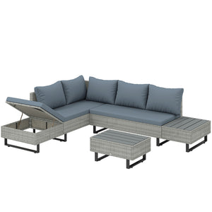 Salon de Jardin d'Angle 5 Places en Résine Tressée - Canapé Extérieur Modulable avec Méridienne Réglable - Ensemble Mobilier de Terrasse avec Table en Composite, Gris