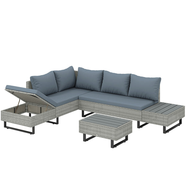 Salon de Jardin d'Angle 5 Places en Résine Tressée - Canapé Extérieur Modulable avec Méridienne Réglable - Ensemble Mobilier de Terrasse avec Table en Composite, Gris