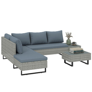 Salon de Jardin d'Angle 5 Places en Résine Tressée - Canapé Extérieur Modulable avec Méridienne Réglable - Ensemble Mobilier de Terrasse avec Table en Composite, Gris